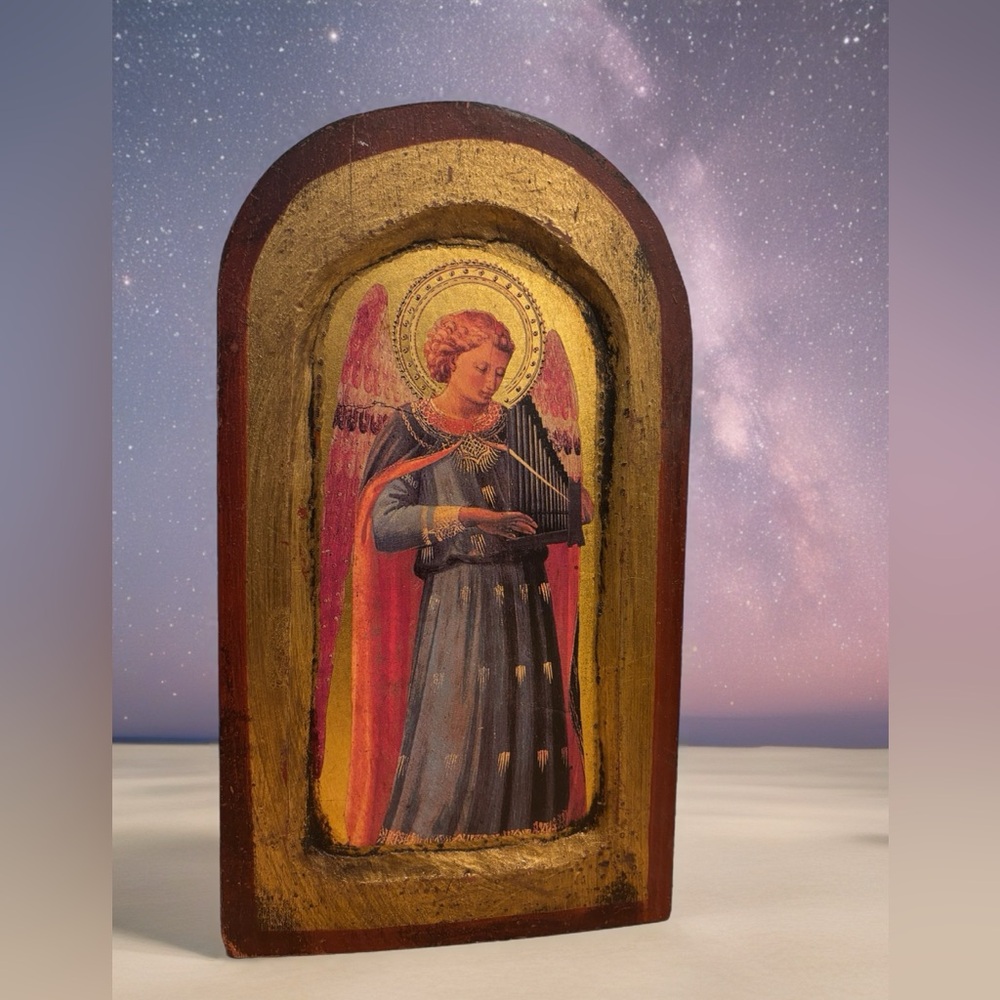 Vintage Florentine Renaissance Angel Art Plaque, Fra Angelico Style, Gilded Wood